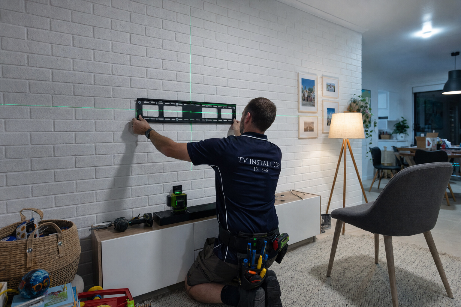 Ergonomic viewing angle TV mount installation
