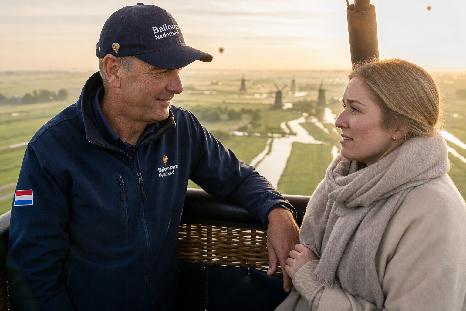 Luchtballon vaart boven Nederlands landschap